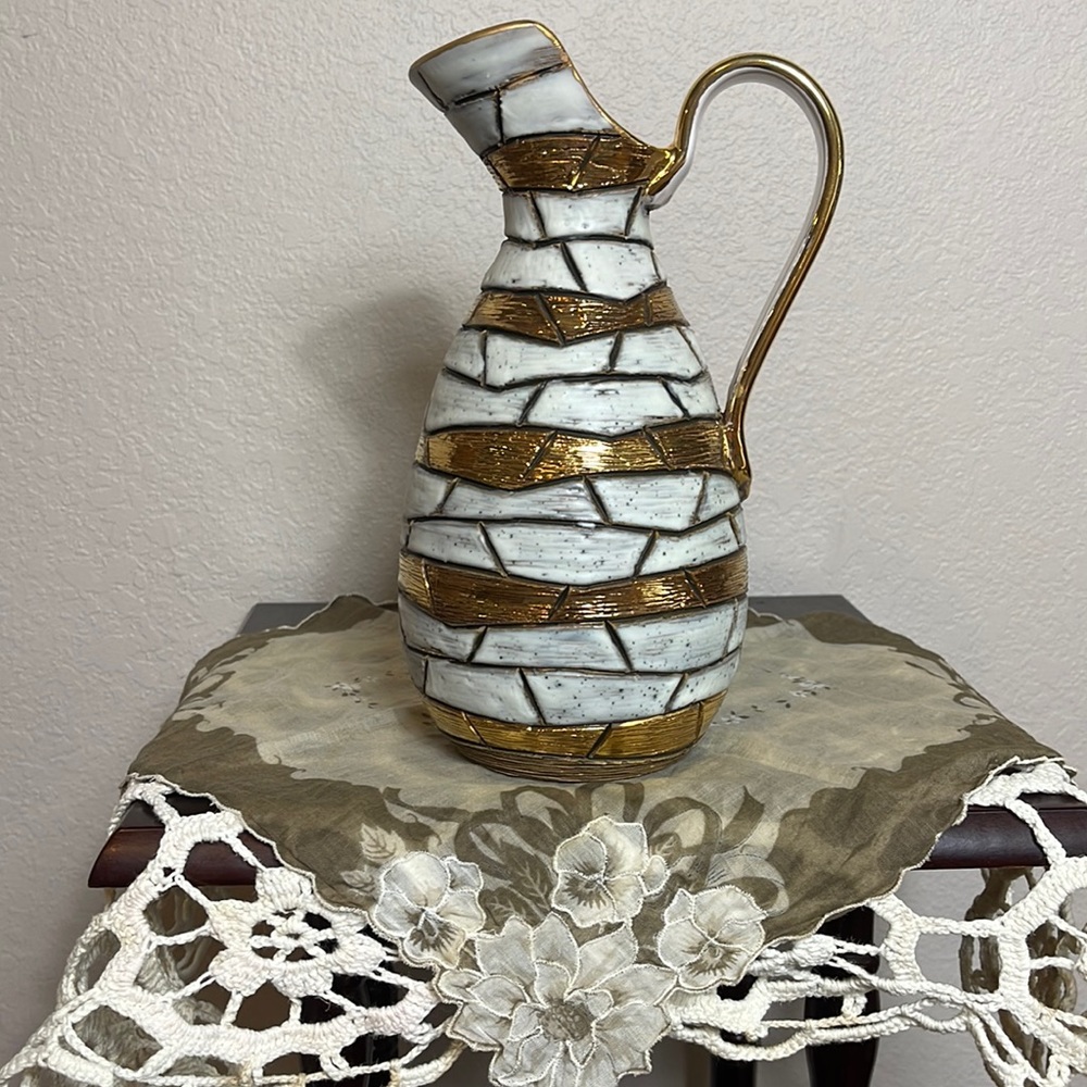 MCM Vintage Handmade Pottery Vase Pitcher 4x9” With Gold Accents Mosaic
